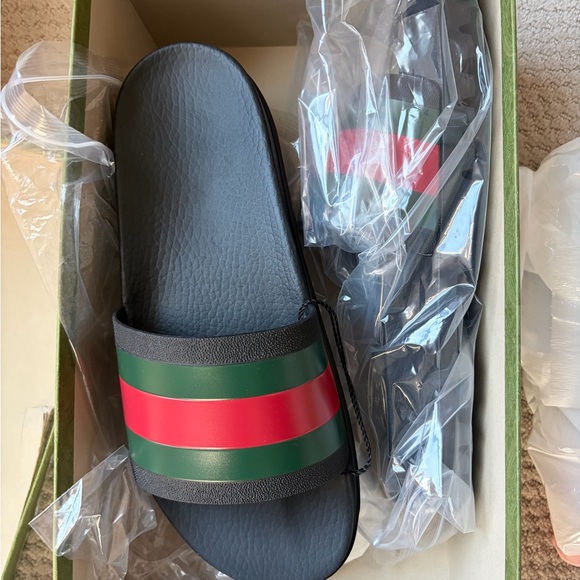 Men's Black Slide Sandals with Red and Green Stripes